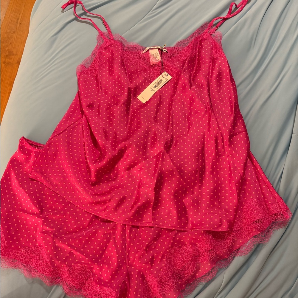 Victoria's Secret Fuchsia Polka Dot Lace Pajama Set